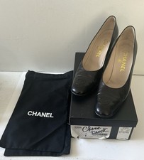 Classic Chanel Cap Toe Logo Chevreau Black Leather Pumps With Box  Bags Sz 38.5