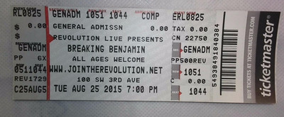 Breaking Benjamin 2015 Concert Ticket Stub - Revolution Live, Fort Lauderdale