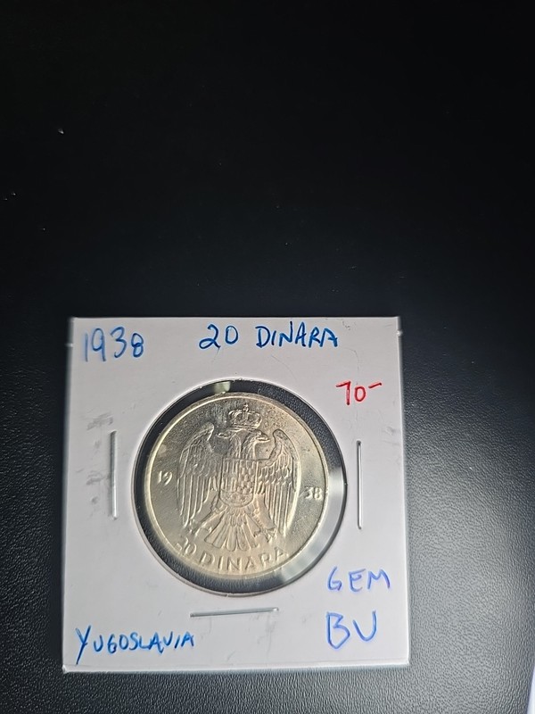 YUGOSLAVIA 20 Dinara 1938, Silver, Peter II, Original UNC with Luster (Gradable)