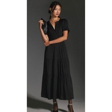 Anthropologie Somerset Maxi Dress Womens Medium Black Smocked Tiered Boho Chic