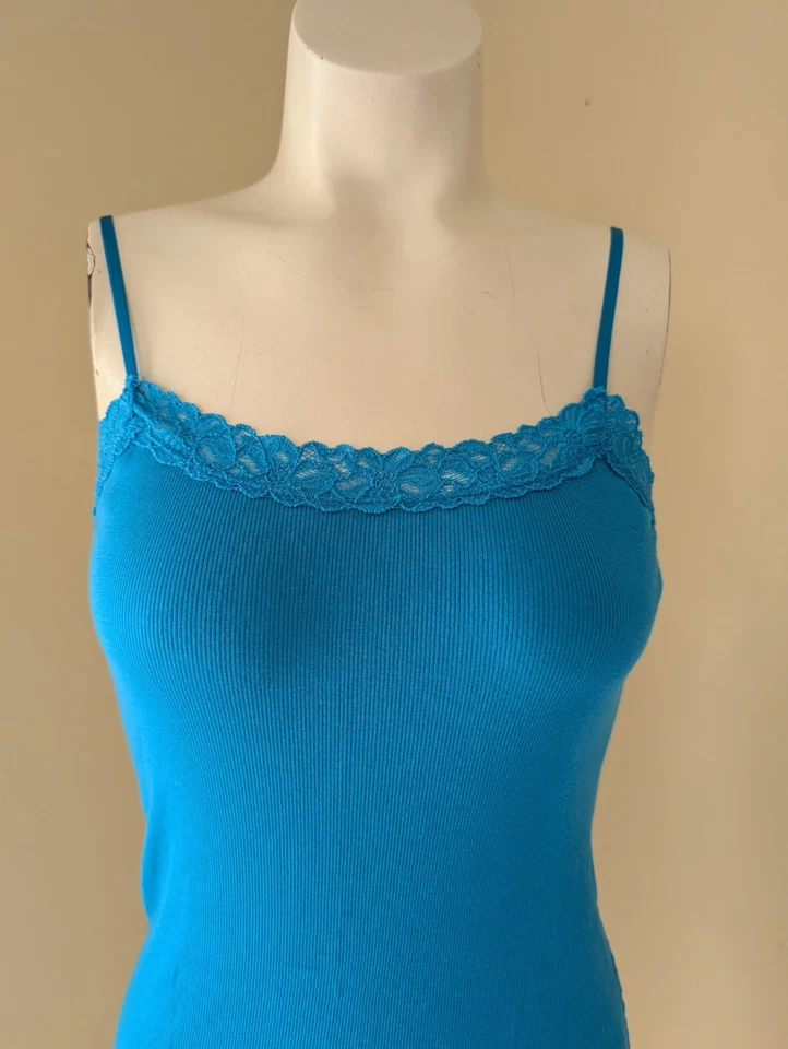 Vintage Cottage Core Cami XS Renda Azul Extra Longa Camadas Elásticas com nervuras - Imagem 2 de 4