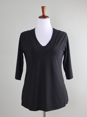 SYMPLI $123 Solid Black Slinky Stretch Tiered V-Neck Detail Tee Top Size 10
