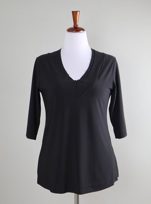 #ad #ad SYMPLI $123 Solid Black Slinky Stretch Tiered V Neck Detail Tee Top Size 10 $31.99