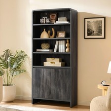 71in 6-Tier Bookcase Cabinet with Doors Adjustable Shelves Display Black