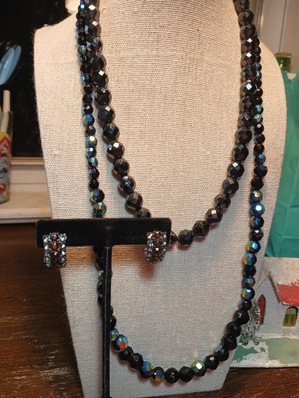 2 Glass Crystal Necklaces Vtg Faceted AB Beads Long Black+Earrings Bill Blass