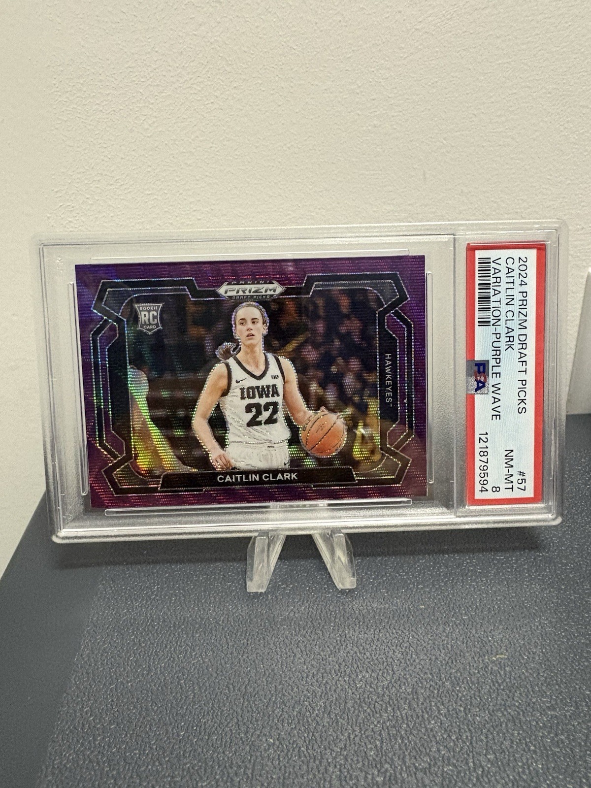 Caitlin Clark #57 Purple Wave Variation 2024 Panini Prizm Draft PSA 8 Pop 15