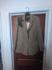 Holland Cooper Wool Houndstooth Blazer Jacket Women's UK 16 Brown Suede Elbow