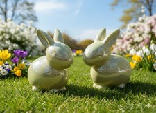 Pair of Ceramic Easter Bunny Figurines - Iridescent Sage Green High Gloss Finish