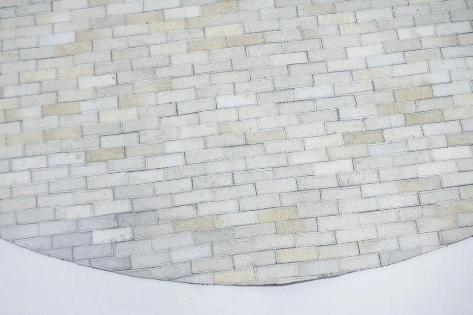 8X8 Hand-Crafted Beige and Brown Cowhide Leather Rug Round Modern Carpet - Image 4 of 4