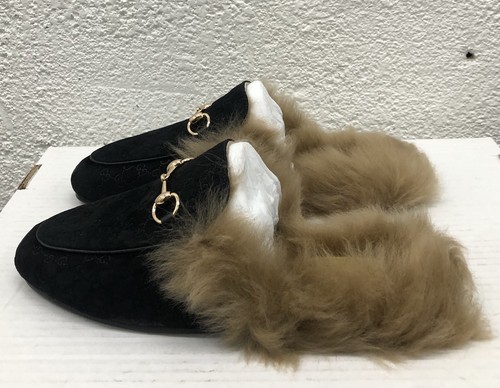 Gucci Fur  Princetown Horse Bit Black GG Mules Women 39 EU 9 US C317