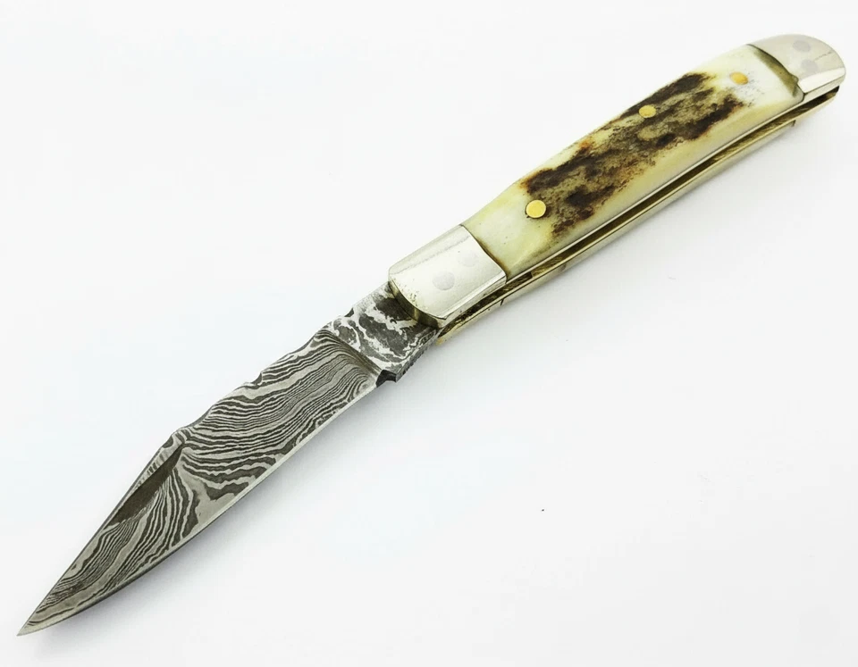 Handmade Damascus Steel Pocket Knife | Genuine Stag Antler Handle | EDC Folding  - Image 3 of 4