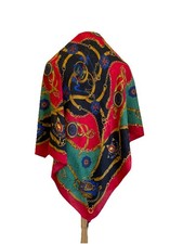 Vintage Italian Equestrian Print Silk Scarf Multi-Color Red Green Black A93