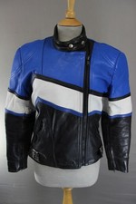 GIACCA BIKER VINTAGE ANNI 80 SPORTEX NERA, BLU E BIANCA IN PELLE COMBINATA TAGLIA 14