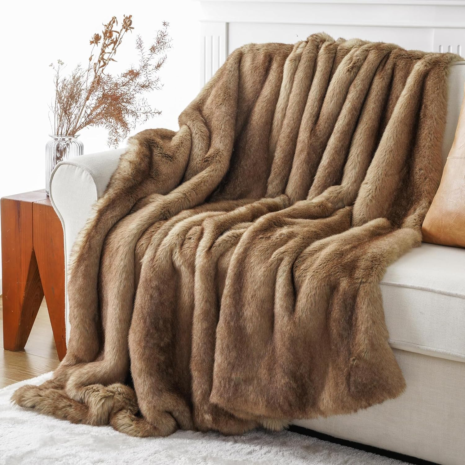 Luxury Ochre Faux Fur Throw Blanket, Soft Cozy Mink Fur Blanket for Couch, Sofa,