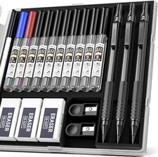 Black Metal 2.0 Mechanical Pencil Set with Case, 3 PCS Drafting Lead Holder Wit
