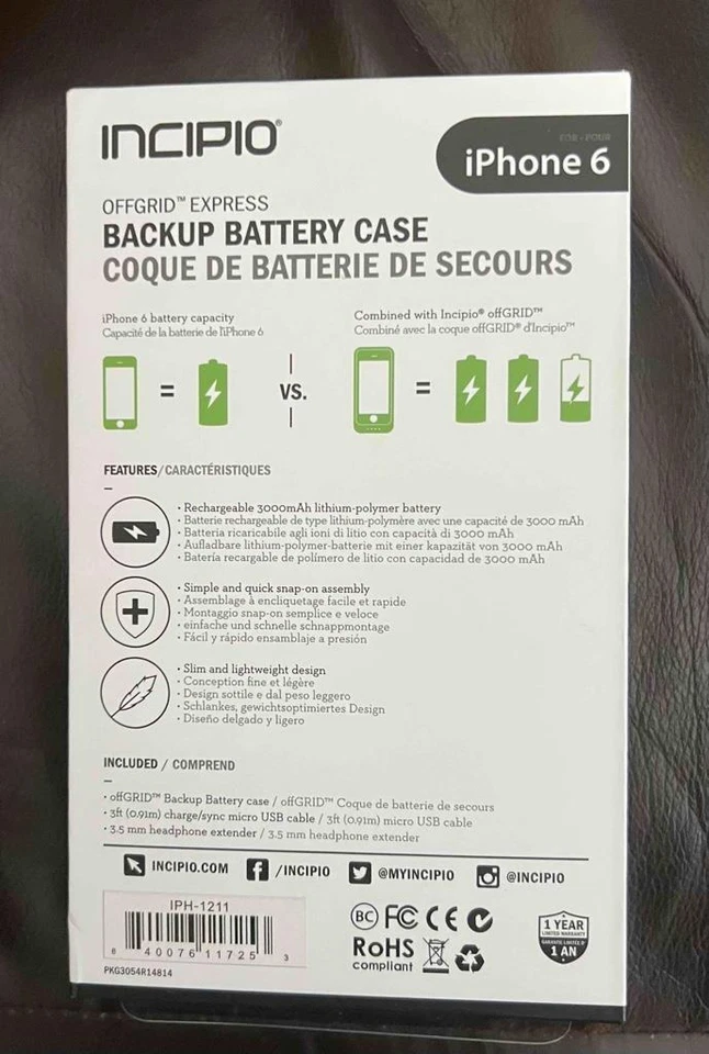 iPhone 6 INCIPIO BLACK Off-Grid Express Backup Battery Case IPH-1211 NEW - Image 2 of 2