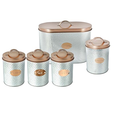 5 Stück Metall Brotkasten Aufbewahrungsbox Kanister Set Deckel Tee Kaffee Zucker Keks Dose