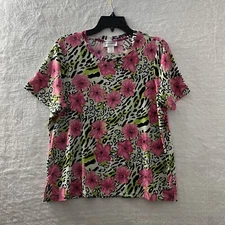 C.D Blouse Top Womans Petites Medium Floral Multicolor Short Sleeve Beaded