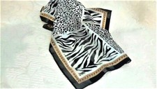 Jones NY Multi Animal Print Silk Scarf Rolled Tacked Hem 21" x 21" Bro/Blck/Whit