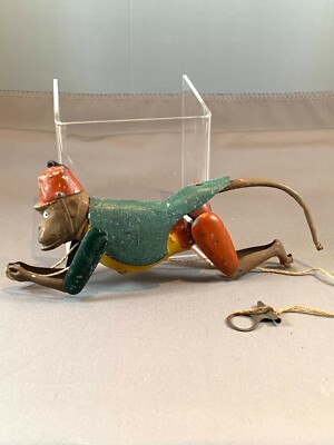 Rare Lehmann Early 1900s Mechanical Tin Toy Monkey Climbing Rope
