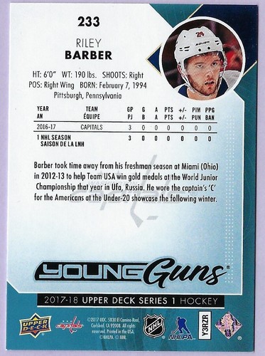 2017/18 Upper Deck Young Guns card# 233 of Riley Barber - Picture 2 of 2