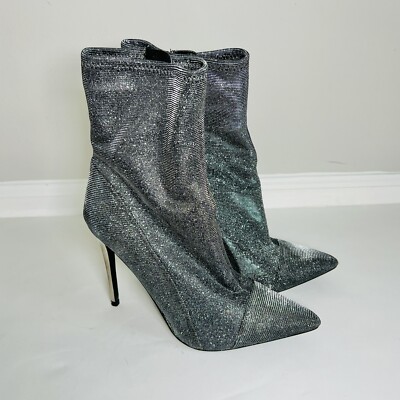 GUESS Women's Silver Sparkly Pointed Toe KNITTED SOCK BOOTIES Sz 8