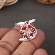 Rough Ruby Spinal and Opal Bypass Ring Sterling Silver Engagement Ring For Her