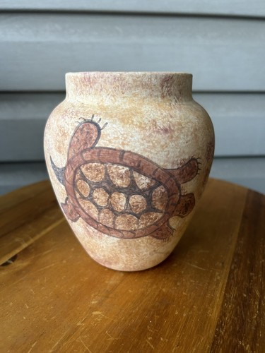Vintage "Turtle Spirit" Folk Whimsy Hand Painted Art Pottery Vase 6"-Signed 2001
