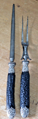 Antike Fleisch Tranchiergabel & Spitzer mit Horngriff Silber Halsbänder & Spitzen
