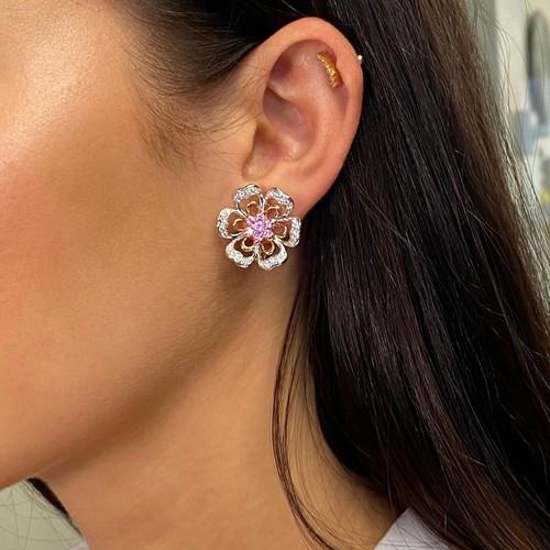 Luca Carati 18K Rose & White Gold Pink Sapphire Diamond Flower Earrings - Picture 4 of 4