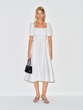 NEW Reformation Adler Linen Midi Smocked Puff Sleeve Dress White US 0 UK 4