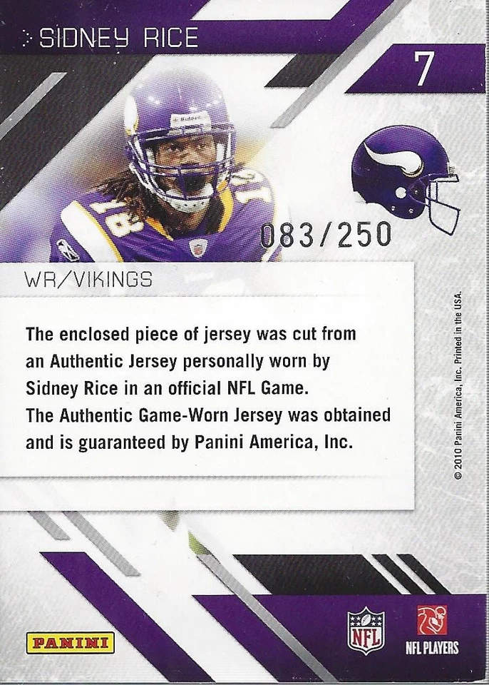 2010 Prestige Preferred Materials #7 Sidney Rice Jersey /250 FB - Image 2 of 2