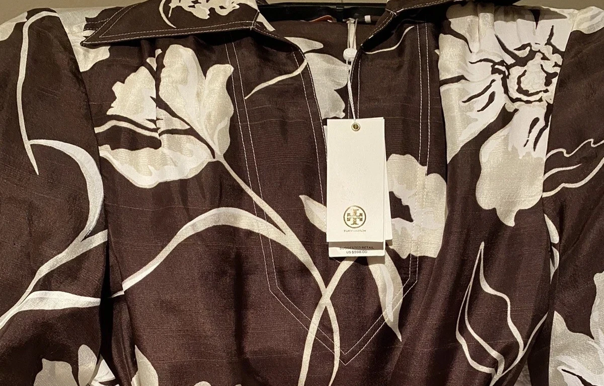 Abito tunica in seta TORY BURCH M stampa margherita cioccolato profondo Be nuovo con etichette