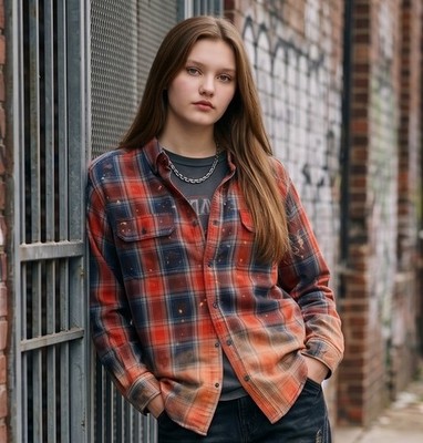 Whiskey Wrangler Bleached Plaid Flannel Shirt M Western Grunge Acid Wash