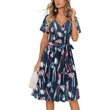 Laishen Navy Blue Floral Wrap Midi Dress Flutter Sleeve Belted Size S