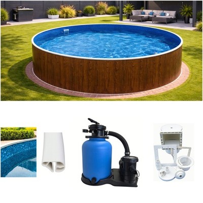 Stahlwandpool Pool Set Holzoptik 4,60x1,20m Folie Swirl Sandfilteranlage Skimmer
