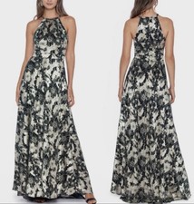 Betsy  Adam Blue Silver Black Floral Jacquard Halter Maxi Dress Lined Zip 8