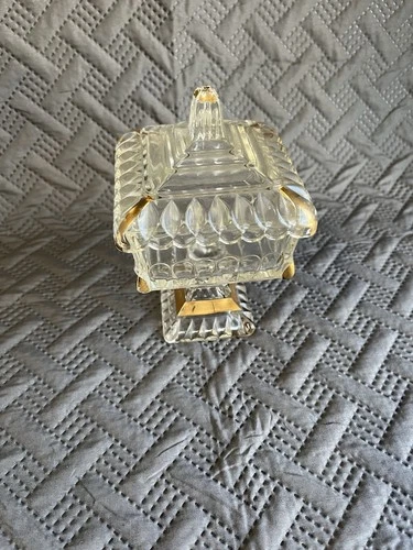 Vintage Jeanette Compote Candy Dish On Pedestal Lid Pressed Glass Gold trim 8"H