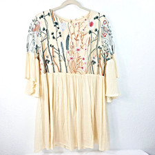 Altar'd State Cream Embroidered Floral Sheer Mini Tunic Shift Dress Fairy Boho M