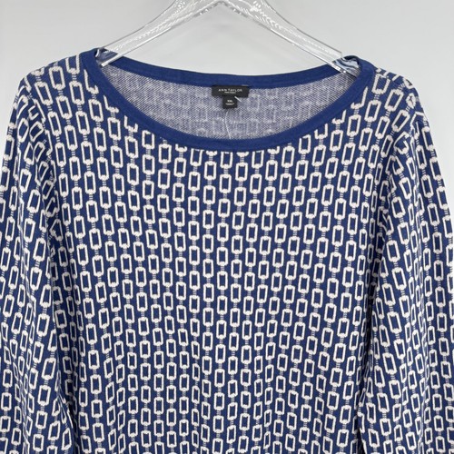 Ann Taylor maglione donna XXL pullover maglia costina stampa geometrica blu bianco NUOVO - Foto 2 di 7