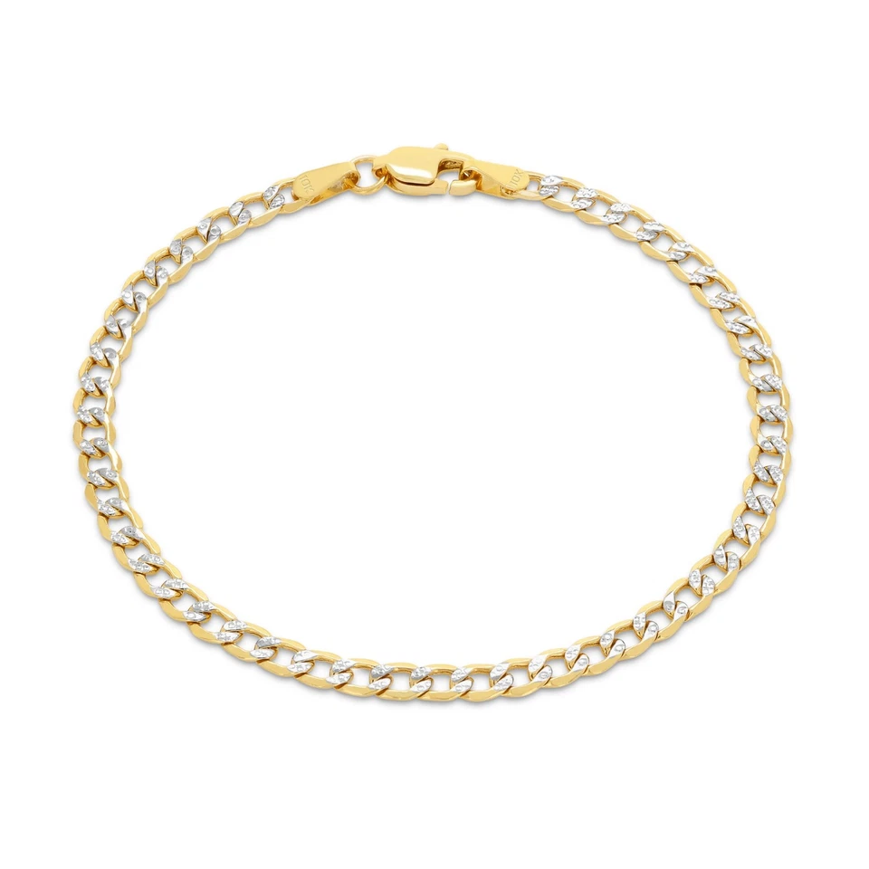 Pulseira masculina de ouro amarelo 10K corte diamante 3,5 mm pavê branco corrente cubana 9"