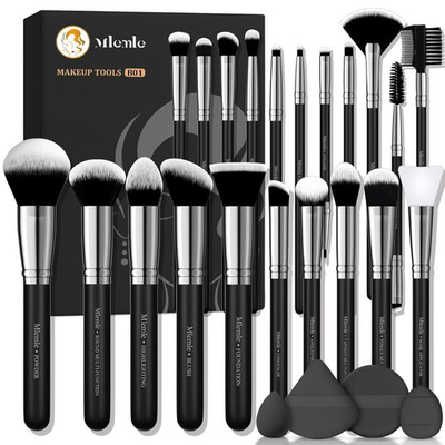 Professional 25-Piece Makeup Brush Set with Foundation, Sponges and Puffs- Black