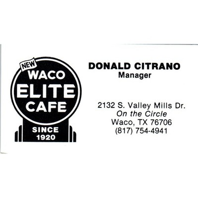 Donald Citrano Waco Elite Cafe TX Vintage Business Card SD8-B6