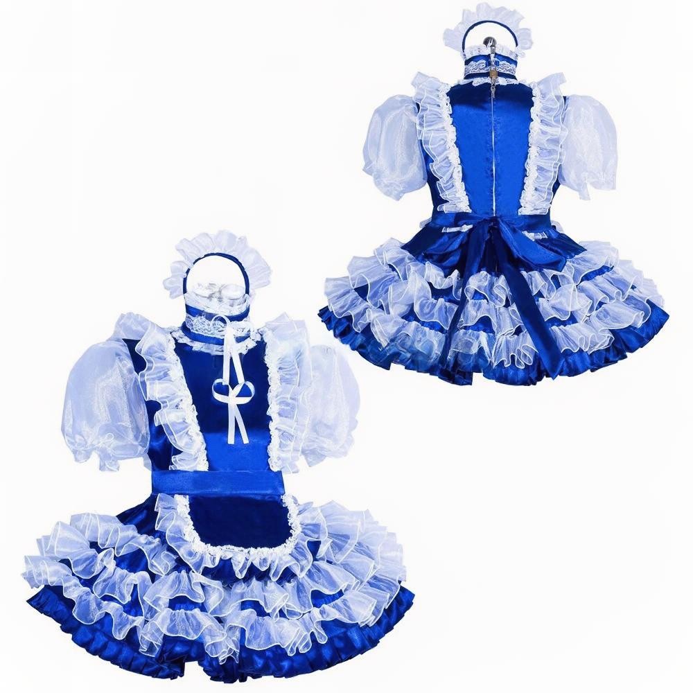 Adult Girl Maid Sissy Lockable Blue satin Dress cosplay costumes