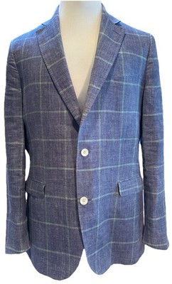 Malouf s Angelico Purple Green Windowpane 100% Linen Sport Coat Blazer Size 42L.