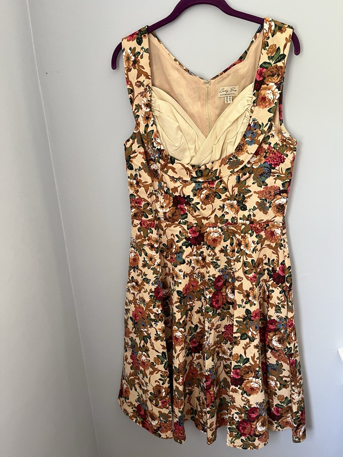 Lindy Bop Women's Ophelia Dress Size L Beige Floral Sleeveless Fit & Flare Retro