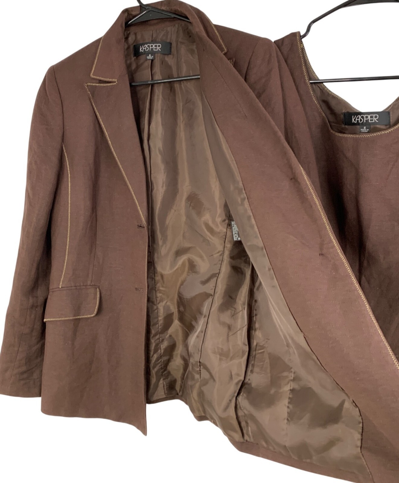Kasper Womens Brown Linen Blazer & Tank Top Set With Gold Trim Size 6 RAA10436