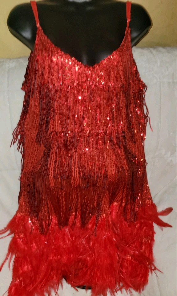 Vestido de lentejuelas rojo con flecos y plumas talla L Foto 3 de 4
