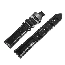 Leather Band Deployment Buckle Watch Strap 19mm Leather Strap, Black/Black