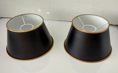 Pair Vintage Underwriter's Lab Metal Drum Shade Black Gold Trim Small Chimney 